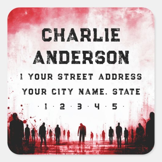 ゾンビをテーマにしたレッドブラックハロウィーン差出人住所 スクエアシール (正面)