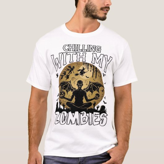 ゾンビを凍らせるハロウィン羽根の悪魔月墓地 Tシャツ (正面)
