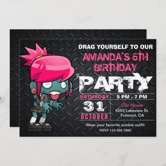 ゾンビガールハロウィンコスチューム誕生日招待状 招待状 (正面/裏面)