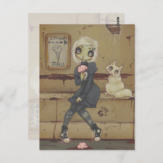 ゾンビゴシックガールかわいいハガキ完全に死んでいなネコ ポストカード (正面/裏面)
