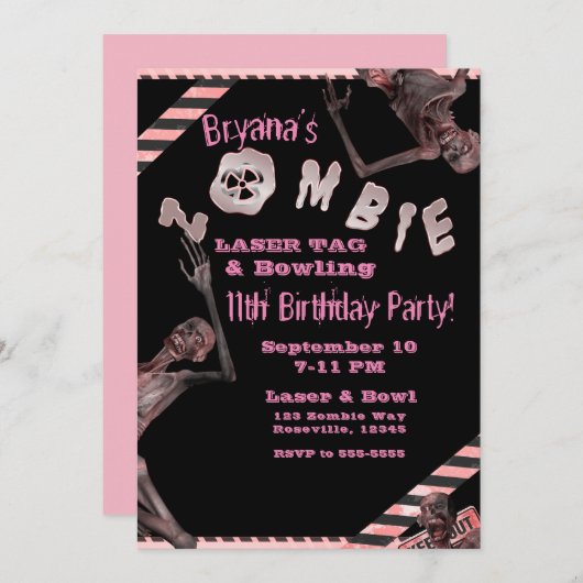 ゾンビピンク＆ブラックの女の子の誕生日パーティー招待状 招待状 (正面/裏面)