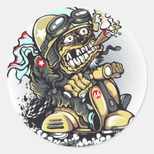 ゾンビライディングモータースクーターイラストレーション、Tシャツ ラウンドシール