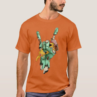ゾンビロックハンドがゾンビピザを保持するハロウィン fr tシャツ