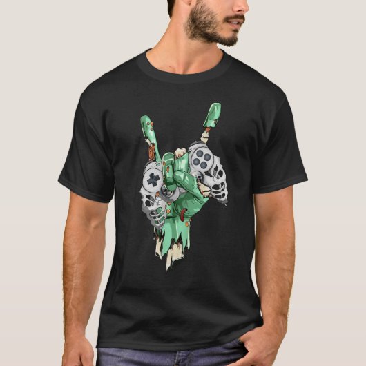 ゾンビロックハンド保持スケルトンGamingController Tシャツ (正面)