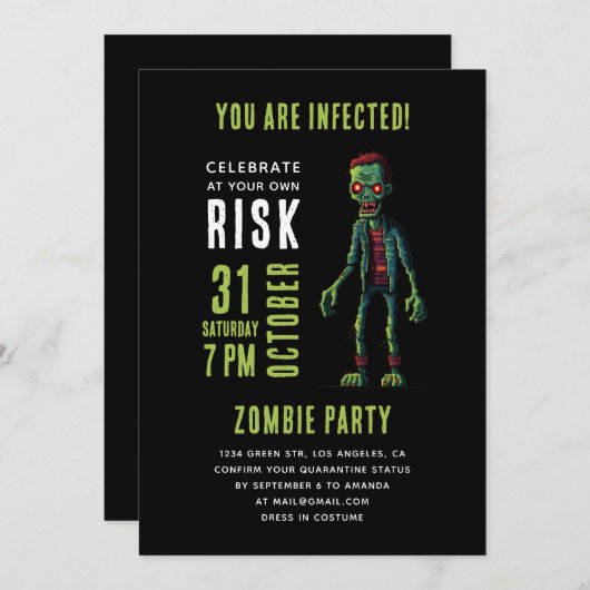 ゾンビ不気味おもしろいハローウィンパーティ | 黒グランジ 招待状 (正面/裏面)