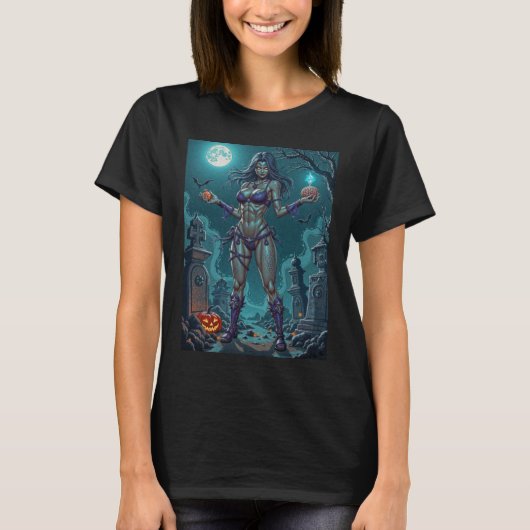 ゾンビ娘がハロウィンのお菓子をくれるか脳みそをくれ Tシャツ (正面)