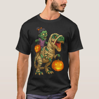 ゾンビ娘がミイラのティラノサウルスにまたがるハロウィンキッズトリック Tシャツ