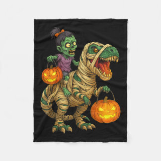 ゾンビ娘がミイラのティラノサウルスにまたがるハロウィン キッズ トリック フリースブランケット