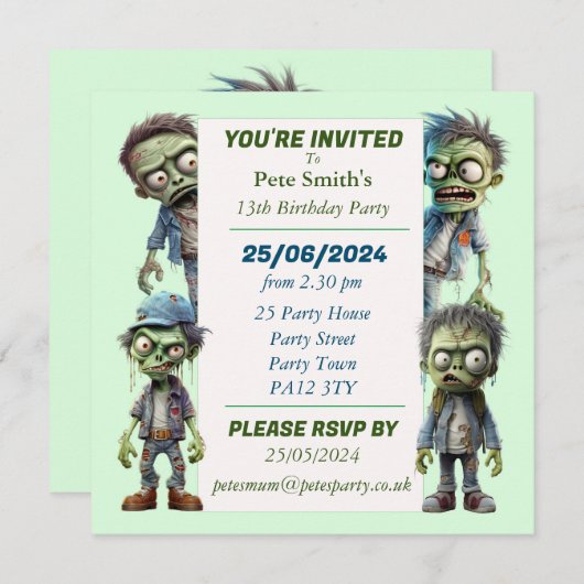 ゾンビ子供の誕生日パーティー 招待状 (正面/裏面)