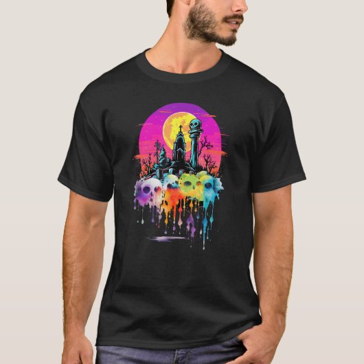 ゾンビ幽霊ドクロ怖い墓地ゴスカラフル Tシャツ (正面)