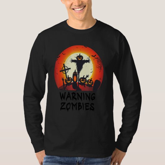 ゾンビ月夜の墓地に警告怖い子供や少年 Tシャツ (正面)