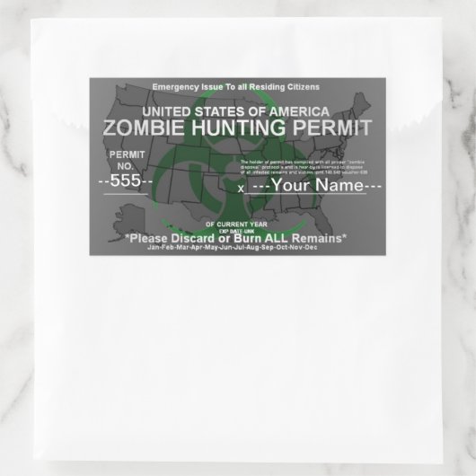 ゾンビ狩り許可テンプレート(緑オングレー) 長方形シール (バッグ)