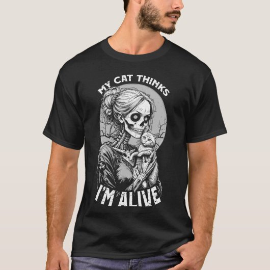 ゾンビ猫ママ生きてハグキティー面白いハロウィン Tシャツ (正面)
