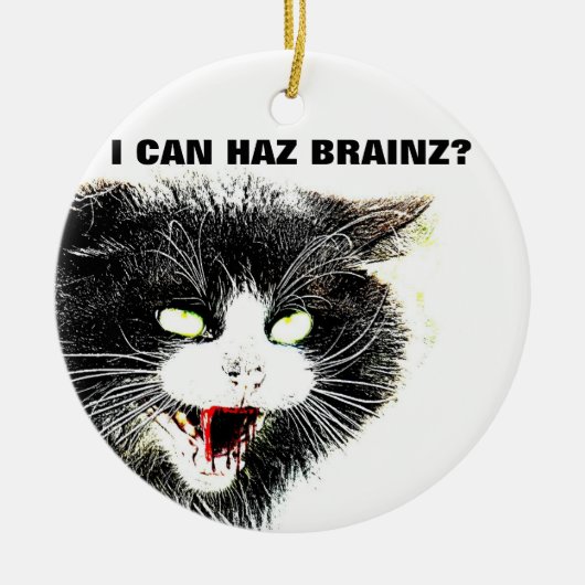 ゾンビ猫私はHaz Brainzのオーナメントできます セラミックオーナメント (正面)