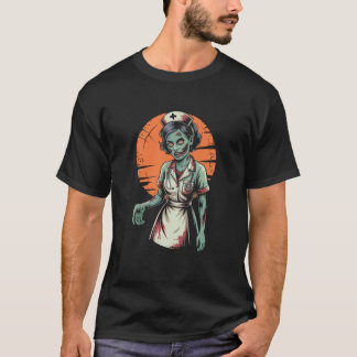 ゾンビ看護師ハロウィンスポーキー満月レトロ Tシャツ