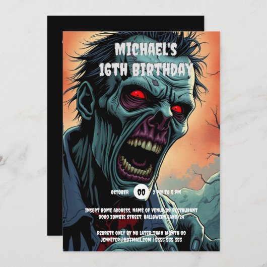ゾンビ顔漫画アートモンスター不気味な大人 招待状 (正面/裏面)