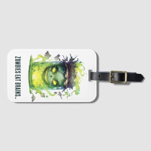 ゾンビ食べーの脳。グロー不気味付きハロウィーンの瓶 ラゲッジタグ (正面横)