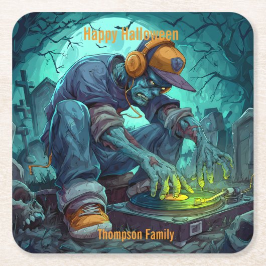 ゾンビDJレイヴハローウィンパーティビベス スクエアペーパーコースター (正面)