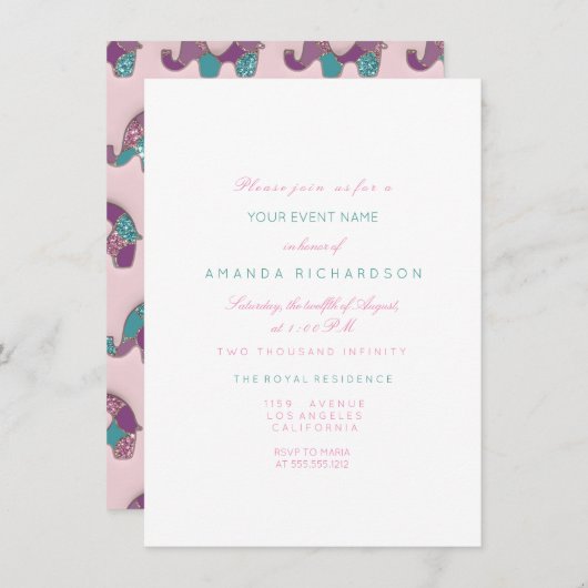 ゾーズピンクパステルティール(緑がかった色)ベビーシャワーパープル 招待状 (正面/裏面)