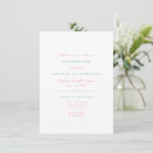 ゾーズピンクパステルティール(緑がかった色)ベビーシャワーパープル 招待状 (スタンド正面)