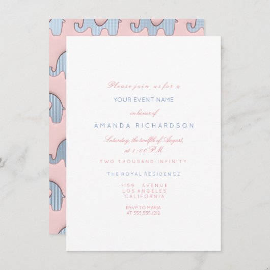 ゾーズピンクパステルブルーベビーシャワーホワイト 招待状 (正面/裏面)