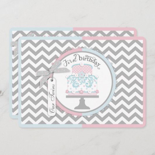 タイおよびチュチュの双生児の最初誕生日 招待状 (正面/裏面)