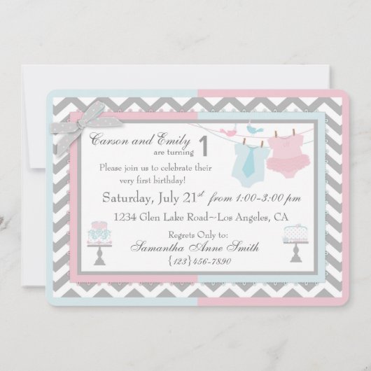 タイおよびチュチュの双生児の最初誕生日 招待状 (裏面)