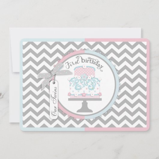 タイおよびチュチュの双生児の最初誕生日 招待状 (正面)