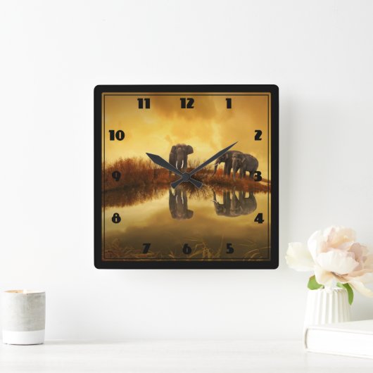 タイのアジアゾウ白熱［赤熱］光を放つズ スクエア壁時計 (ホーム)