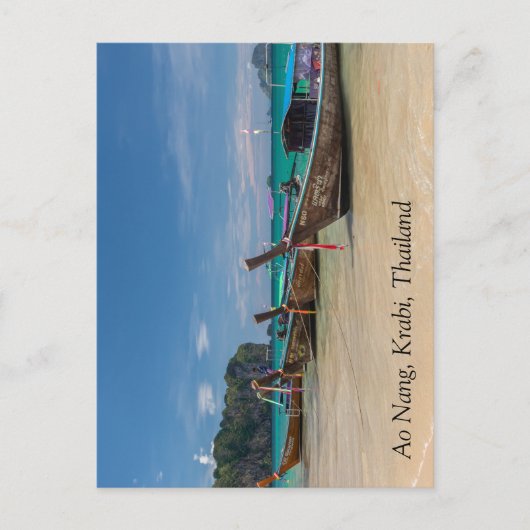タイのクラビ州アオナンビーチのロングテールボート ポストカード (正面)