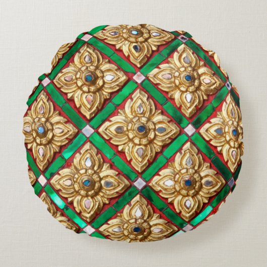 タイのテンプルタイの壁内のタイのパターン ラウンドクッション (正面)