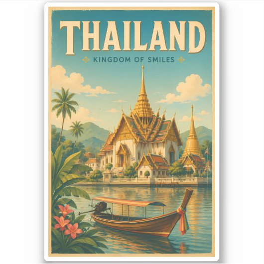 タイの寺院イラスト旅行アートヴィンテージ シール (正面)
