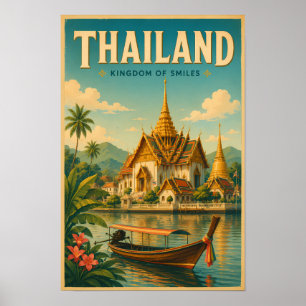 タイの寺院イラスト旅行アートヴィンテージ ポスター