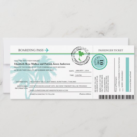 タイの搭乗券の結婚式招待状 招待状 (正面)