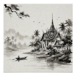 タイの水墨画の風景 ポスター