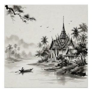 タイの水墨画の風景 ポスター