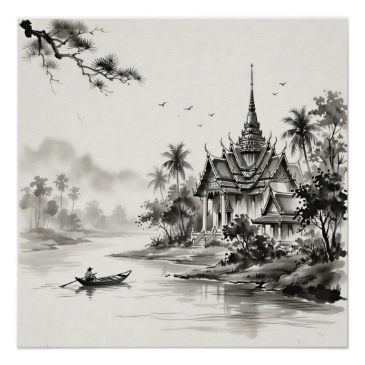 タイの水墨画の風景 ポスター (正面)
