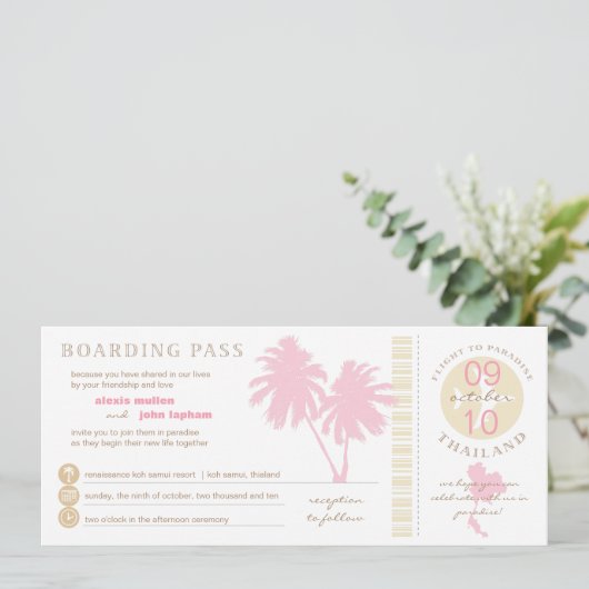 タイの結婚式へのピンクおよび黄色い搭乗券 招待状 (スタンド正面)