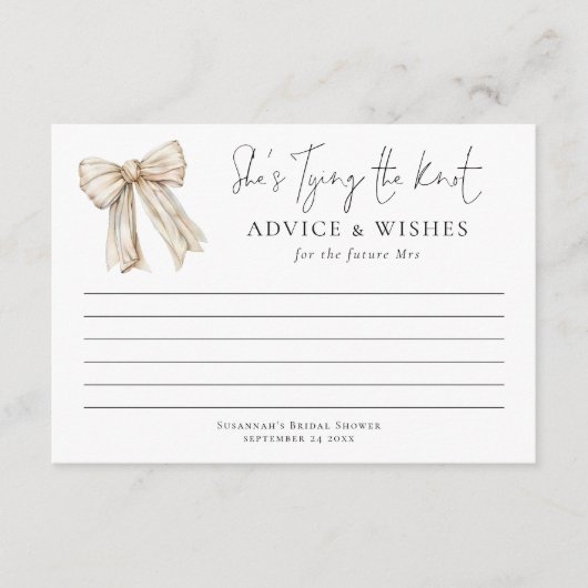 タイイングザノットクリームボウブライダルシャワーアドバイス カード (正面)