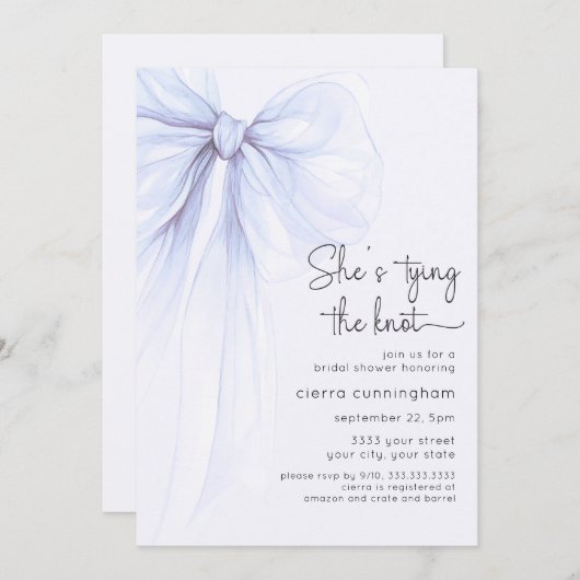 タイイングザノットブルーコケットボウブライダルシャワー 招待状 (正面/裏面)