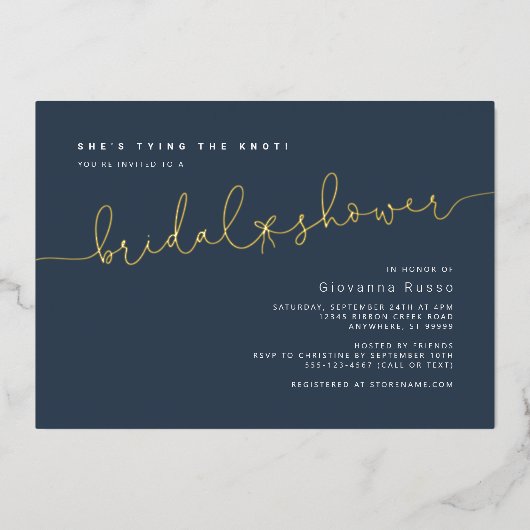 タイイングザノットブルー金ゴールドブライダルシャワー 箔招待状 (正面)