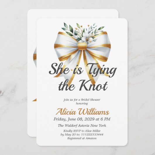 タイイングザノットホワイトボウフローラブライダルシャワー 招待状 (正面/裏面)