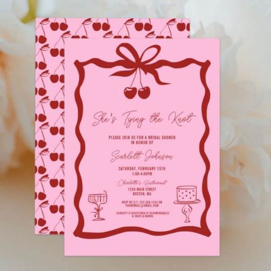 タイイングザノットボウさくらんぼレッドブライダルシャワー 招待状