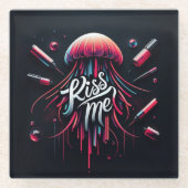 タイカラフルプ付きクラゲ鮮やかイラストレーション ガラスコースター (正面)