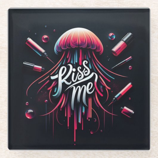 タイカラフルプ付きクラゲ鮮やかイラストレーション ガラスコースター (正面)