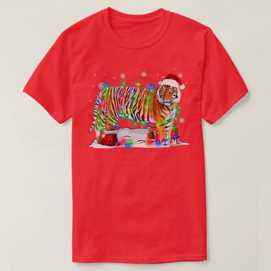 タイガーおもしろいツリークリスマスライトクリスマスパジャママタック Tシャツ (デザイン正面)