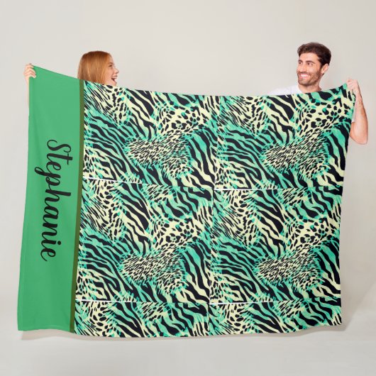 タイガーとゼブラ印刷グリーンとタンアニマルプリント フリースブランケット (インサイチュ)