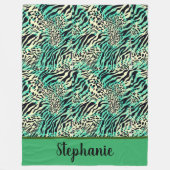 タイガーとゼブラ印刷グリーンとタンアニマルプリント フリースブランケット (正面)