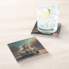 タイガーはヴィンテージスポーツカーに座っている ガラスコースター