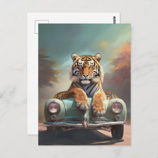 タイガーはヴィンテージスポーツカーに座っている ポストカード (正面/裏面)